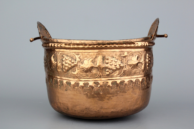 A Flemish brass alms dish, an Italian brass basin and a French brass kettle, all 17th C.